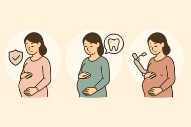 妊娠初期・安定期・後期における歯科治療の違いを示す妊婦のイラスト