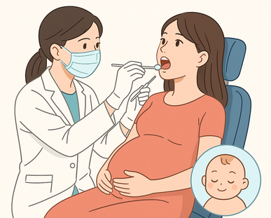妊娠中に歯科医院で安心して検診や治療を受ける妊婦のイラスト