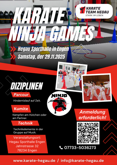 Auf dem Bild zu sehen, Termine Bilder von Kindern die Karate Ausüben, QR Code, Adresse Karate Dojo Engen e.V. Im Hintergrund ein Parcour der Aufgebaut ist. Glückliche Kinder. 