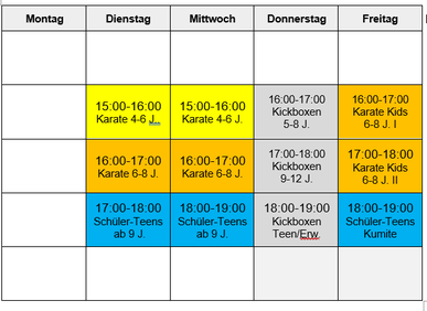 Stundenplan Kampfsport in Singen, Karate und Kickboxen. Minis 4-6 Jahre, Kinder 6-8 Jahre, Schüler 9-12 Jahre, jugendliche 13-17 Jahren. 