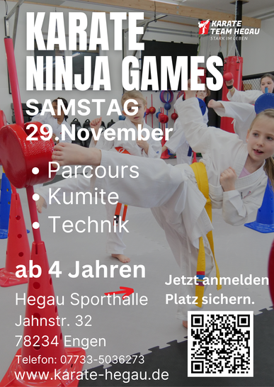 Karate Kinder Wettspiele, Samstag 29.11.2025 in Engen in der Großporthalle. Parcours, Kumite am Hütchen oder Partner, Technikteile. 