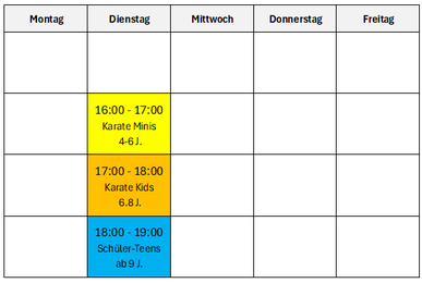 Stundenplan für Karate Rielasingen. Karate Minis 3-6 Jahre 16 Uhr, Karate Kids 6-8 Jahre 17 Uhr und Karate Schüler 9-12 Jahre 18 Uhr.