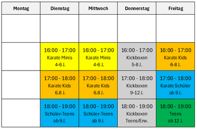 Karate und Kickboxen Stundenplan. Karate 4-6 Jahre, Karate Kids 6-8 Jahre, Karate Schüler 9-12 Jahre, Teen & Jugendliche 13-17 Jahre, Kickboxen 5-8 Jahre, Kickboxen 9-12 Jahre, Teens & Erwachsene Kickboxen