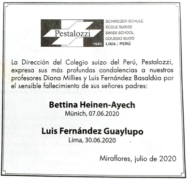Traueranzeige der Pestalozzi Schweizer Schule in Lima, Prof. Diana Millies und Luis Fernandez Basaldua