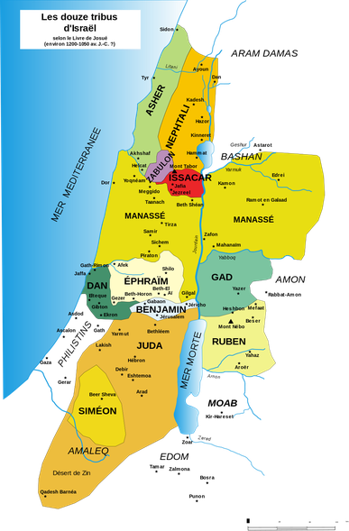 En Canaan, 2 tribus, Ruben et Gad, et la demi-tribu de Manassé s’installent à l’est du Jourdain. Les autres s’installent à l’ouest du Jourdain. Du nord au sud: Aser, Nephtali, Zabulon, Issacar, Manassé, Dan, Ephraïm, Benjamin, Juda avec Siméon en enclave.