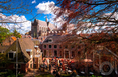 Blick von der "Burcht" in die Stadt, im Hintergrund ragt die "Hoog-landse Kerk" empor
