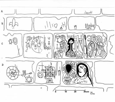 Fig. B - Dessin de graffiti attribués à des prisonniers Templiers. Tour du Coudray à Chinon (Indre-et-Loire).