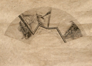「屏風の虎」 扇形(和紙40x56cm) 銅版画