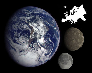 Größenvergleich zwischen Merkur, Erde, Mond und Europa.