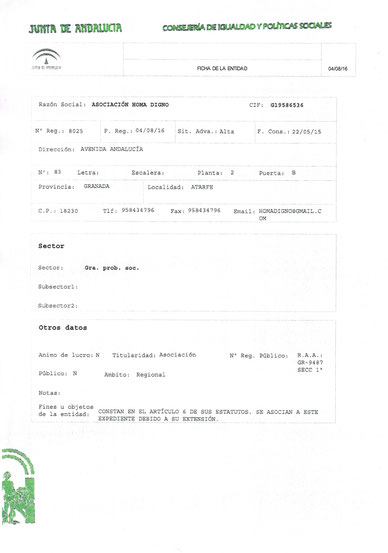 Nuestra Asociación ha quedado formalmente inscrita en el Registro de Entidades de Servicios Sociales de Andalucía