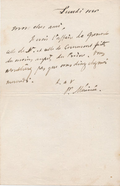 Prosper MÉRIMÉE (1803-1870), écrivain, archéologue, historien billet autographe signé