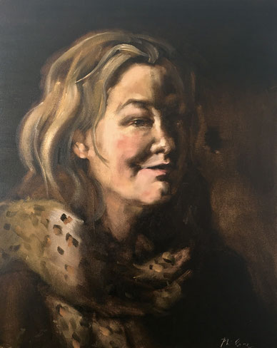 "Self portrait with leopard scarf", oil on canvas 40x50 cm by Philine van der Vegte