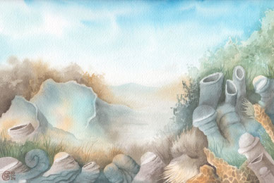 Aquarellbild "Muschelstrand": blaue Stimmung am Strand mit seltsam geformten muschelähnlichen Strukturen