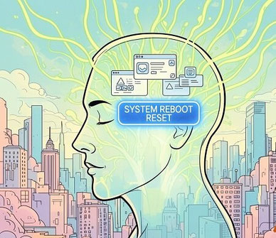 頭のなかの雑念やごちゃごちゃを脳ハック・ワークセッションでリブート（再起動）してるイメージのイラスト