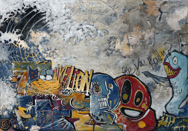 fresque murale avec un poisson bleu aux dents jaunes, une tête rouge et une autre bleue like a lion, une vague en haut a gauche 