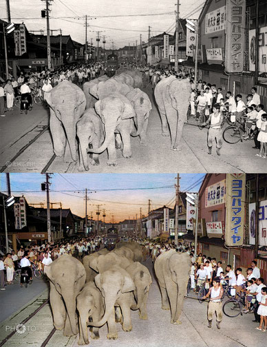 修復・色再現 作業前→作業後比較　1958（昭和33）年8月26日、金沢市本町の通り