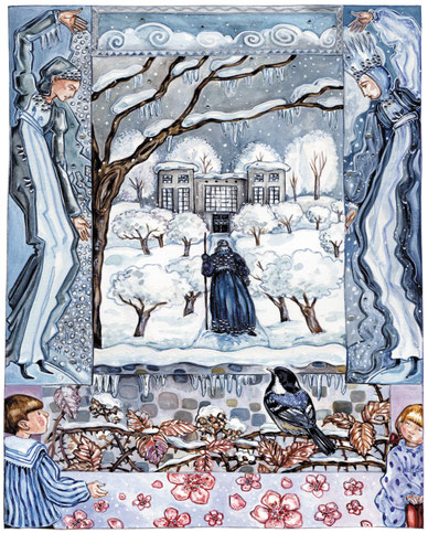 Jugendstil-Illustration Winter im Garten Kinderbuch