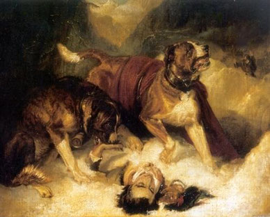 “Alpine mastiffs resuscitating a traveler in distress” by Edwin Lardseer