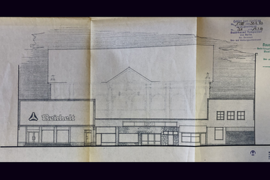 Das Tempelhofer Tivoli an der Friedrich - Karl - Straße. Fassadenriss der Lebensmittelkette Otto Reichelt.