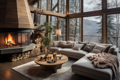 Wohnzimmer mit Kamin und Sitzecke vor dem Panoramafenster - Raumgestaltung - Möbel - Desingn - Inneneirichtung – Raumplanung - Einrichten – Innenarchitekt – Holzhaus - Blockhaus