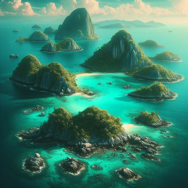 KI-Bild. Mitten im Meer sind einige kleine Inseln zu sehen. 