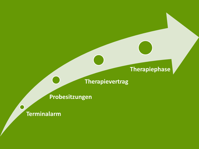 Die Schritte zum festen Therapieplatz: Warteliste, Probesitzungen, Therapievertrag, Therapiephase.