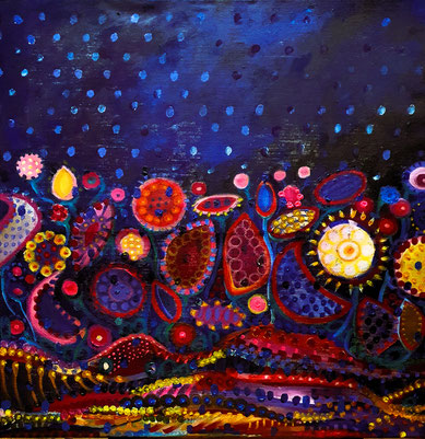 "Was die Erde erfreut....     Acryl, Ölmalkreiden       100 x 100 cm      2023