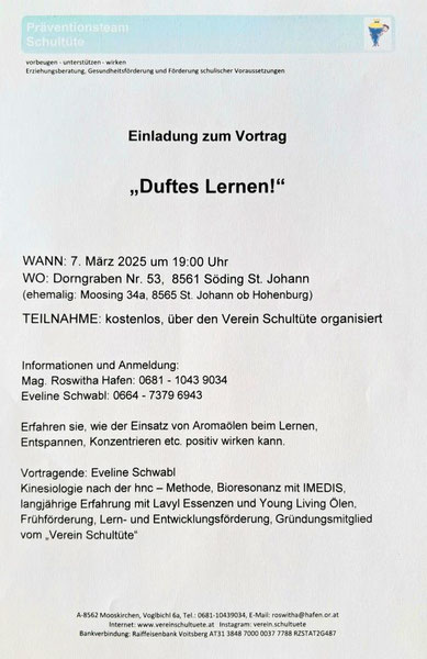 Vortrag " Duftes Lernen" mit Eveline Schwabl, organisiert vom Verein Schultüte, finanziert über Rotary.