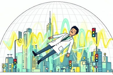 お寺での坐禅でなく脳ハックワークによって日常のなかでリラックスしている男性のイラスト