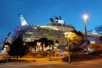 ライトアップされた巨大なクルーズ船が港に停泊している夜景。ケープカナベラル港は世界有数のクルーズ拠点で、ディズニークルーズやロイヤル・カリビアンなどの豪華客船が発着する。夕暮れ時や夜に船が輝く姿は、観光客にとって圧巻の光景。