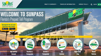 フロリダ州の有料道路電子料金システム「SunPass」の公式サイト画面。セントラルフロリダでの割引やチャージ方法、スマホアプリの利便性が高く、収益は地域に還元される仕組みを採用