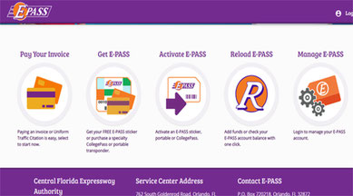 フロリダ州の有料道路電子料金システム「E-PASS」の公式ページ画面。州全域で利用可能で、特にSun Pass PROは他州でも使用できるため、旅行者や州外に車で出かける人に便利