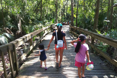木製のボードウォークを子ども連れの家族が歩く様子。周囲は南国の緑に包まれ、セントラル・フロリダ動物園＆植物園の自然豊かな環境を感じられる。森の中を散策しながら動物や植物を観察できる、家族連れに人気のスポット。