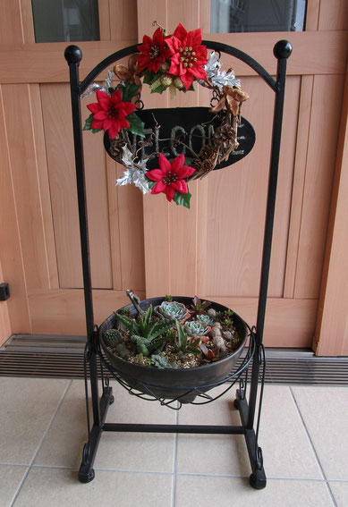 玄関前は多肉植物の小さなお庭です。ボランティアの方がクリスマスリースも飾ってくださいました。