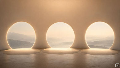 Drei gleichwertige Räume aus Licht stehen nebeneinander und öffnen den Blick in die Weite. Das Bild symbolisiert Führung ohne Rangordnung, in der Nähe, Verbindung und das größere Ganze gleichermaßen Bedeutung haben.