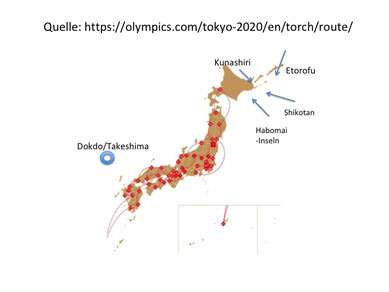 Takeshima/Dokdo ist mit bloßem Auge auf der Website des Organisationskomitees kaum auszumachen, die südlichen Kurilen nordöstlich von Hokkaido dagegen schon