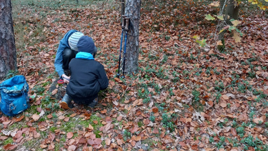 Zwei Kinder sind in der Hocke im Wald, sie suchen am Boden nach etwas, sind nur von hinten zu erkennen. Laub liegt auf dem Boden, Wanderstöcke lehnen am Baum, der Kinderrucksack steht daneben.