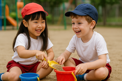 砂場で遊ぶ日本人の女の子とアメリカ人の男の子。幼少期に渡米した子どもが、日本語を家庭で維持しながら英語をプリスクールで習得していく様子を象徴するイメージ