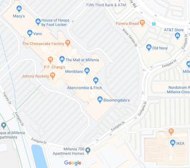 オーランドの高級ショッピングモール「The Mall at Millenia（ミレニア・モール）」の地図。館内にはルイ・ヴィトンやグッチなど高級ブランドが並び、近隣にはIKEAやBloomingdale’s、Nordstrom Rackなど人気店が集まっている (Map of The Mall at Millenia Orlando with luxury brands, IKEA, Bloomingdale’s, Nordstrom Rack nearby).