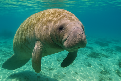 透明度の高いブルー・スプリングス州立公園の泉を泳ぐマナティーの姿。水中は驚くほど澄んでおり、魚や水中の様子がはっきり見える。冬の季節には多数のマナティーが集まり、自然観察や日帰り旅行の人気スポットとなっている。
