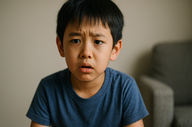 不安そうな表情を見せるアジア系の男の子。バイリンガル教育の過程で一時的に起こる「セミリンガル状態」（日本語も英語も不十分に見える発達段階）を象徴するイメージ