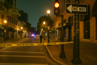 フロリダ州オーランドの治安を象徴する警察規制線の写真。観光都市として人気がある一方で、ダウンタウンや空港周辺では注意が必要。車社会特有の車上荒らしなどの犯罪にも警戒が求められ、夜間の一人歩きを避けるなど基本的な安全対策が推奨される