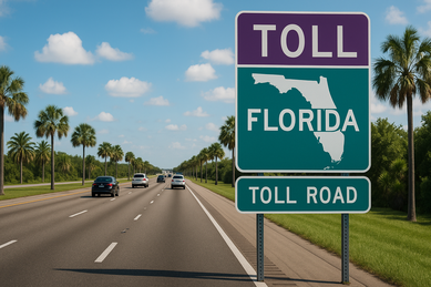 フロリダ州の有料道路（Toll Road）を示す標識とハイウェイの写真。Sun PassやE-Passによる料金支払いシステムは日本のETCに似ており、長期滞在者や居住者にとって渋滞回避とスムーズな走行に欠かせない