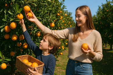 母親と子どもが一緒にオレンジを収穫している様子。バスケットには採れたてのオレンジが入っており、木々にはたわわに実ったオレンジが並ぶ。ヴォ・ラサール・ファームズ（Vo-Lasalle Farms）では季節ごとにフルーツ狩りが楽しめ、特にオレンジのピッキングが人気。家族でのフロリダらしい体験に最適なスポット。