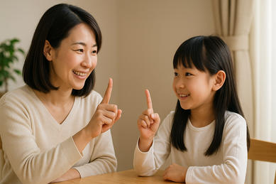 母親と娘が楽しそうに向かい合い、指を立てながら会話する様子。家庭内でのバイリンガル教育「1人1言語」の基本を象徴し、日本語と英語を自然に習得する環境づくりを表現