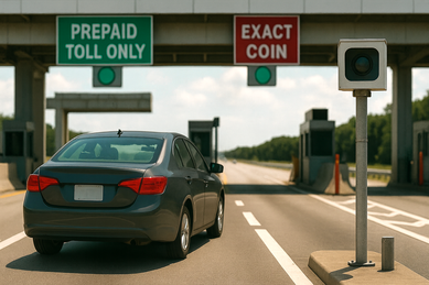フロリダ州の有料道路料金所で「Prepaid Toll Only」と「Exact Coin」レーンを示す標識。レーンを間違えて通過した場合はカメラで車両ナンバーが撮影され、後日登録住所またはレンタカー会社を通じて請求書が送付される仕組み