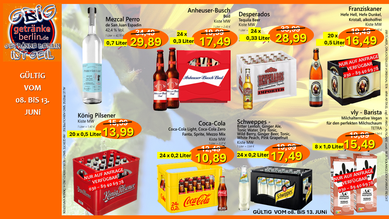 Preisreduzierung von #Anheuser Busch #Bier #Weizen #König Pilsner #Coca-Cola #Schweppes #Franziskaner Weizen #Desperados Bier #Tequila Mezcal bei getränkeberlin.de