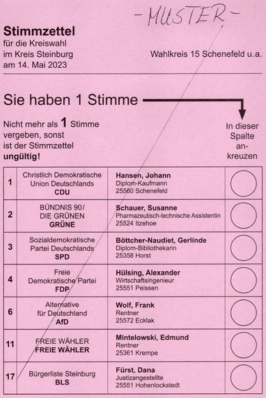 Muster des Stimmzettels für die Kreiswahl im Wahlkreis 15