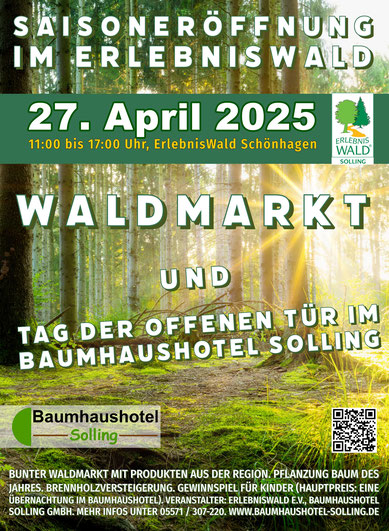 Plakat mit Waldmotiv und Infos zum Waldmarkt und Tag der offenen Tür Baumhaushotel am 02.04.23 im Erlebniswald Schönhagen, Uslar