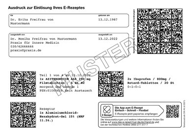 Muster für ein ausgedrucktes elektronisches Rezept vom Arzt